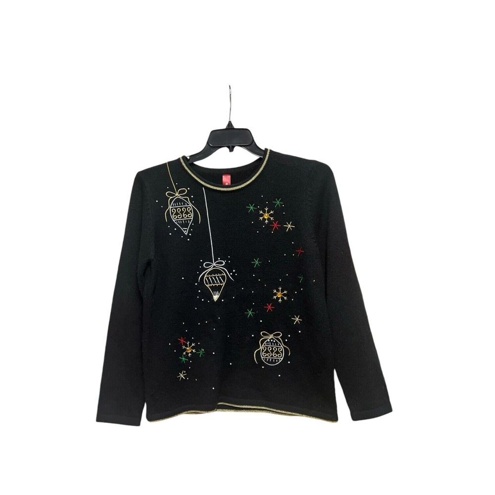 Christmas‎ Sweater Embroidered Ornaments Ribbons Stars Size Medium Gold Trim